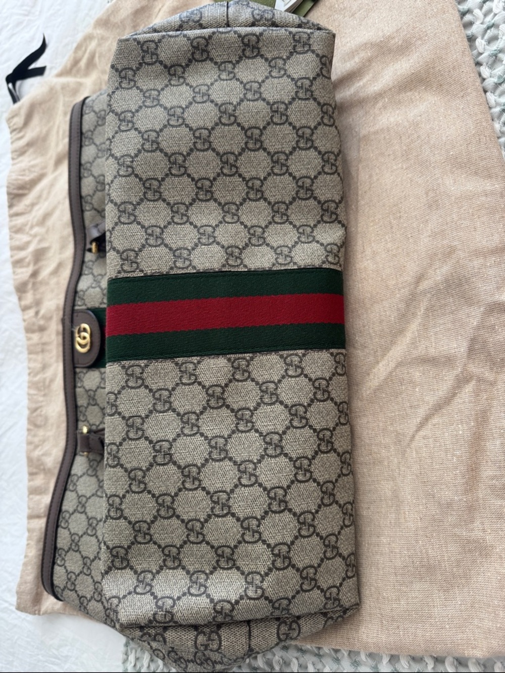 Gucci Beige GG Supreme Canvas Tote with Brown Trim and Red & Green Web - Picture 4 of 6